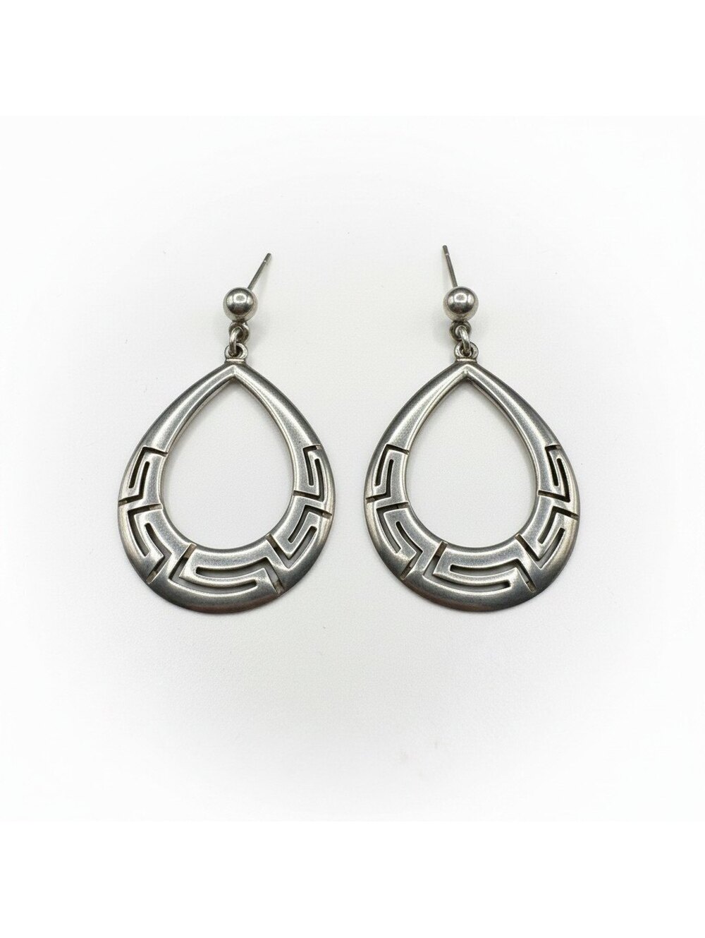 Vintage Artisan Stamped Sterling Silver 925 Greek Key Teardrop Dangle Earrings